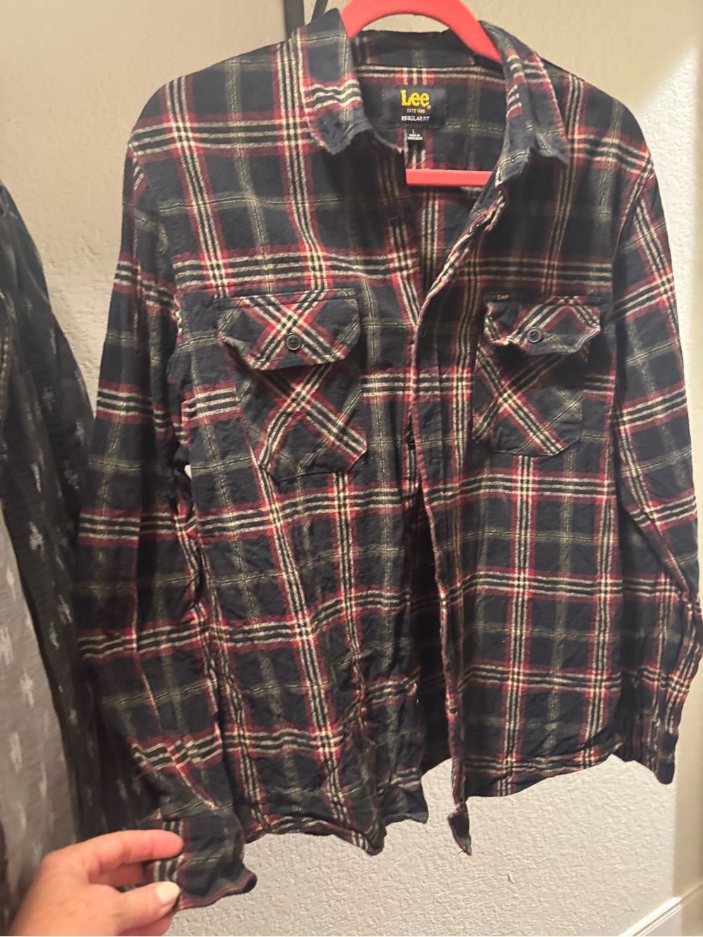 Lee Men's Navy and Red Plaid Button-Down Shirt